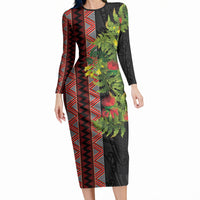 Maori Tukutuku Long Sleeve Bodycon Dress with Ferns Pohutukawa and Kowhai Tribal Moko Patterns