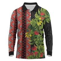 Maori Tukutuku Long Sleeve Polo Shirt with Ferns Pohutukawa and Kowhai Tribal Moko Patterns