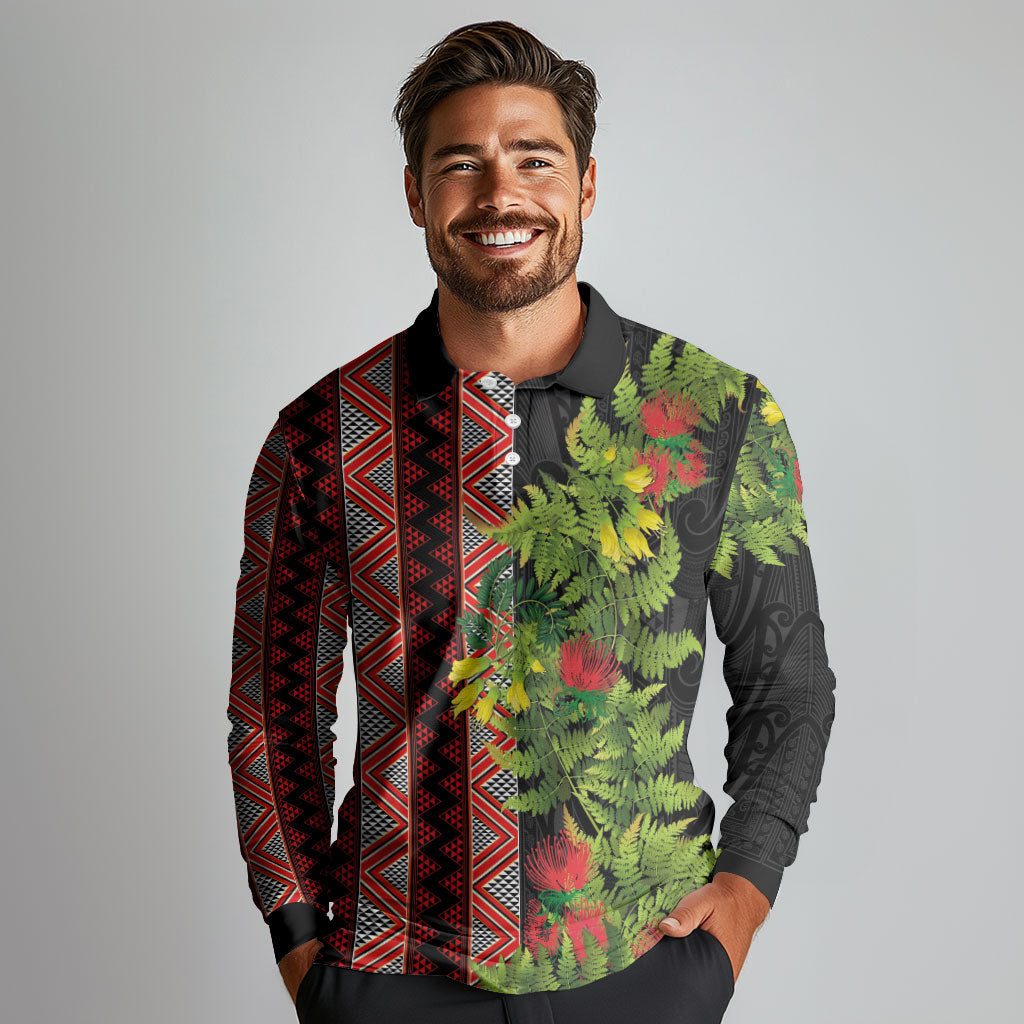 Maori Tukutuku Long Sleeve Polo Shirt with Ferns Pohutukawa and Kowhai Tribal Moko Patterns