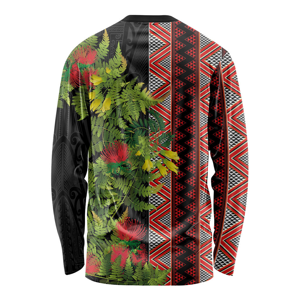 Maori Tukutuku Long Sleeve Shirt with Ferns Pohutukawa and Kowhai Tribal Moko Patterns