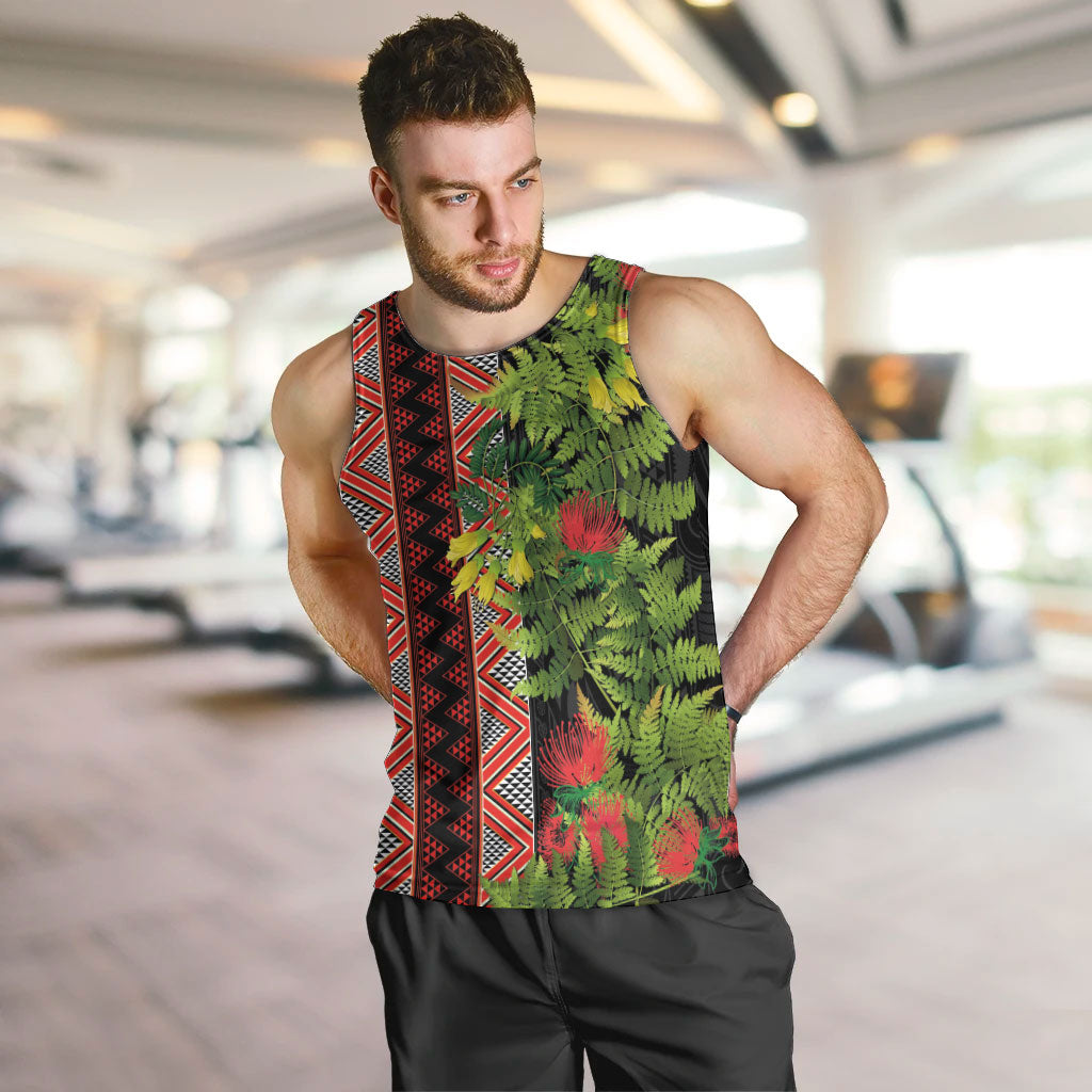 Maori Tukutuku Men Tank Top with Ferns Pohutukawa and Kowhai Tribal Moko Patterns