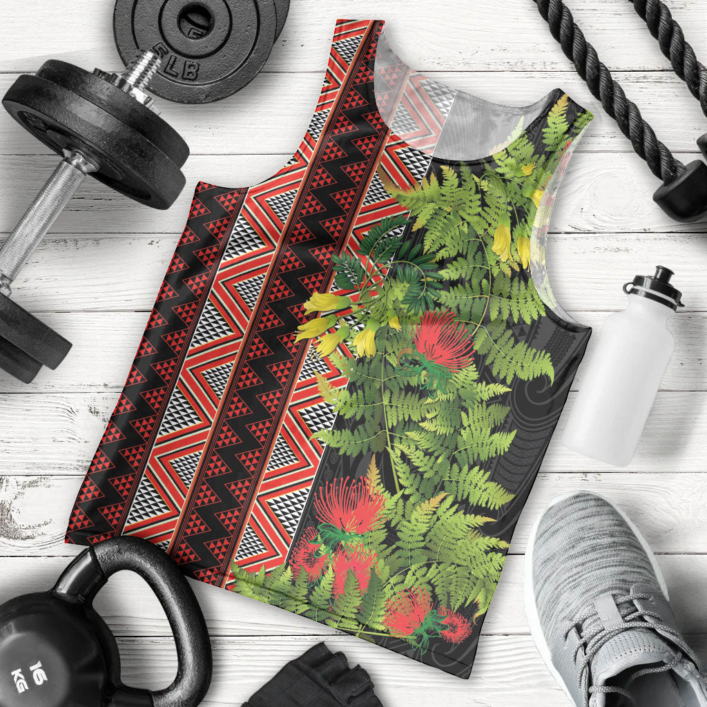 Maori Tukutuku Men Tank Top with Ferns Pohutukawa and Kowhai Tribal Moko Patterns