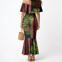 Maori Tukutuku Mermaid Dress with Ferns Pohutukawa and Kowhai Tribal Moko Patterns