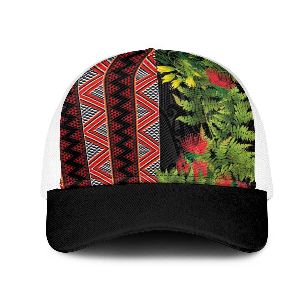 Maori Tukutuku Mesh Trucker Cap with Ferns Pohutukawa and Kowhai Tribal Moko Patterns LT03 One Size White Multicolor - Polynesian Pride