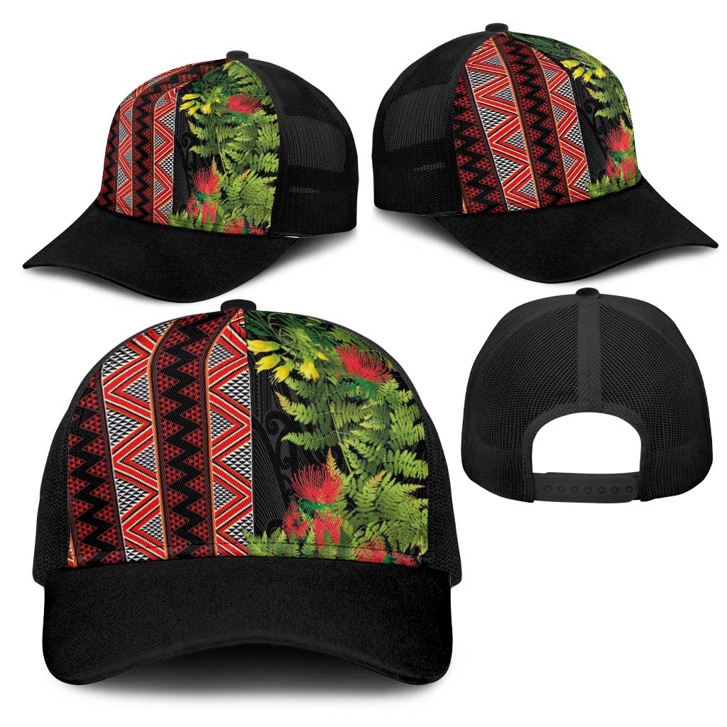 Maori Tukutuku Mesh Trucker Cap with Ferns Pohutukawa and Kowhai Tribal Moko Patterns