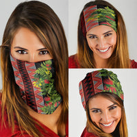 Maori Tukutuku Neck Gaiter with Ferns Pohutukawa and Kowhai Tribal Moko Patterns