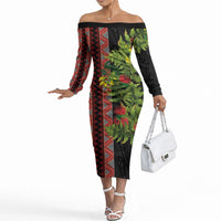 Maori Tukutuku Off The Shoulder Long Sleeve Dress with Ferns Pohutukawa and Kowhai Tribal Moko Patterns