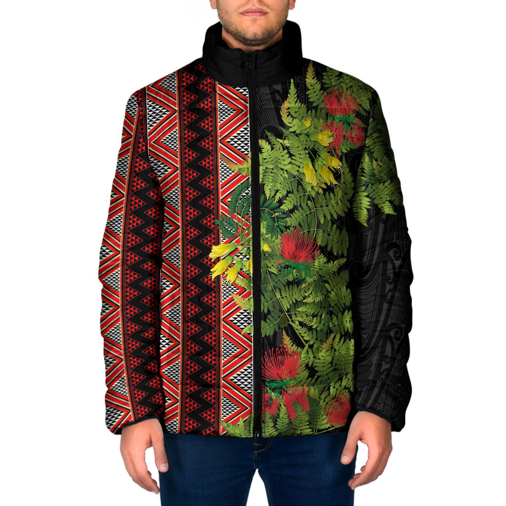 Maori Tukutuku Padded Jacket with Ferns Pohutukawa and Kowhai Tribal Moko Patterns