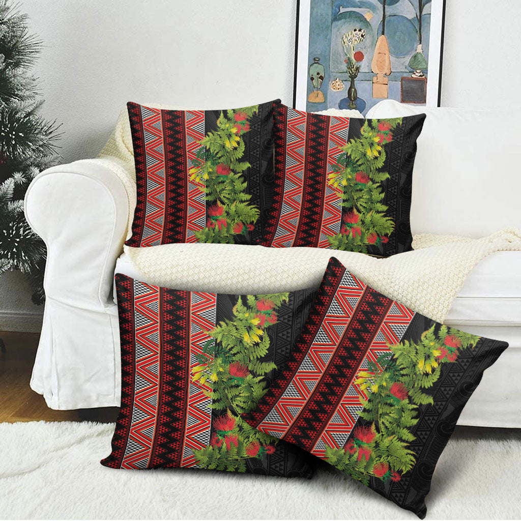 Maori Tukutuku Pillow Cover with Ferns Pohutukawa and Kowhai Tribal Moko Patterns