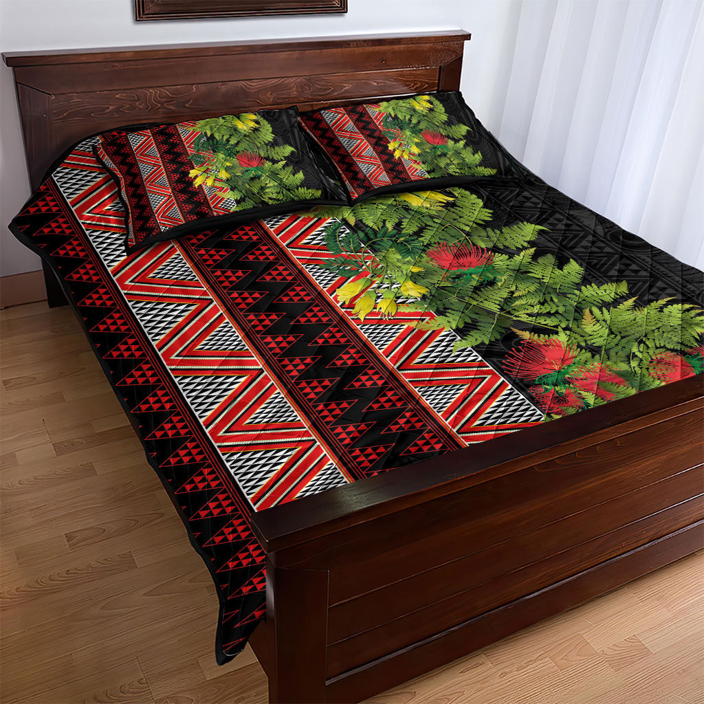 Maori Tukutuku Quilt Bed Set with Ferns Pohutukawa and Kowhai Tribal Moko Patterns