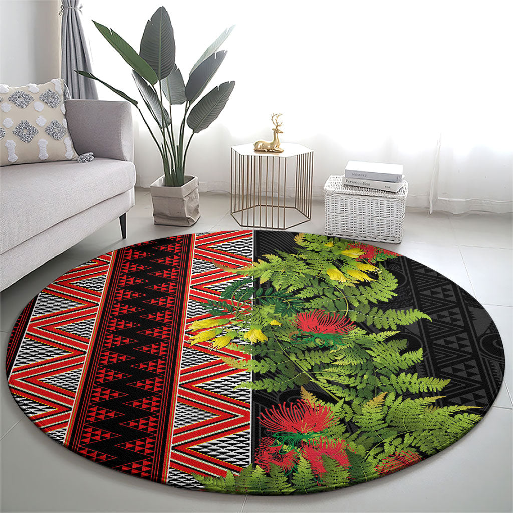 Maori Tukutuku Round Carpet with Ferns Pohutukawa and Kowhai Tribal Moko Patterns
