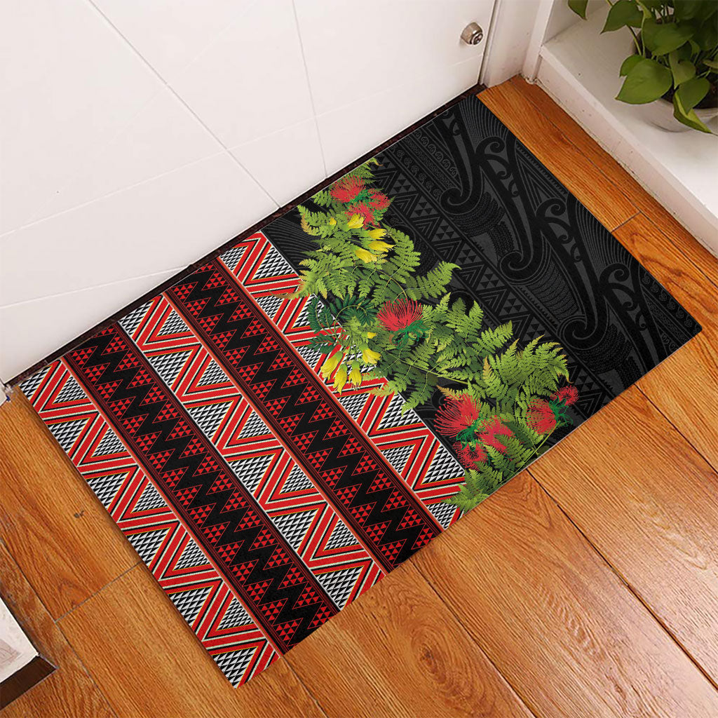 Maori Tukutuku Rubber Doormat with Ferns Pohutukawa and Kowhai Tribal Moko Patterns