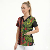 Maori Tukutuku Scrub Top with Ferns Pohutukawa and Kowhai Tribal Moko Patterns