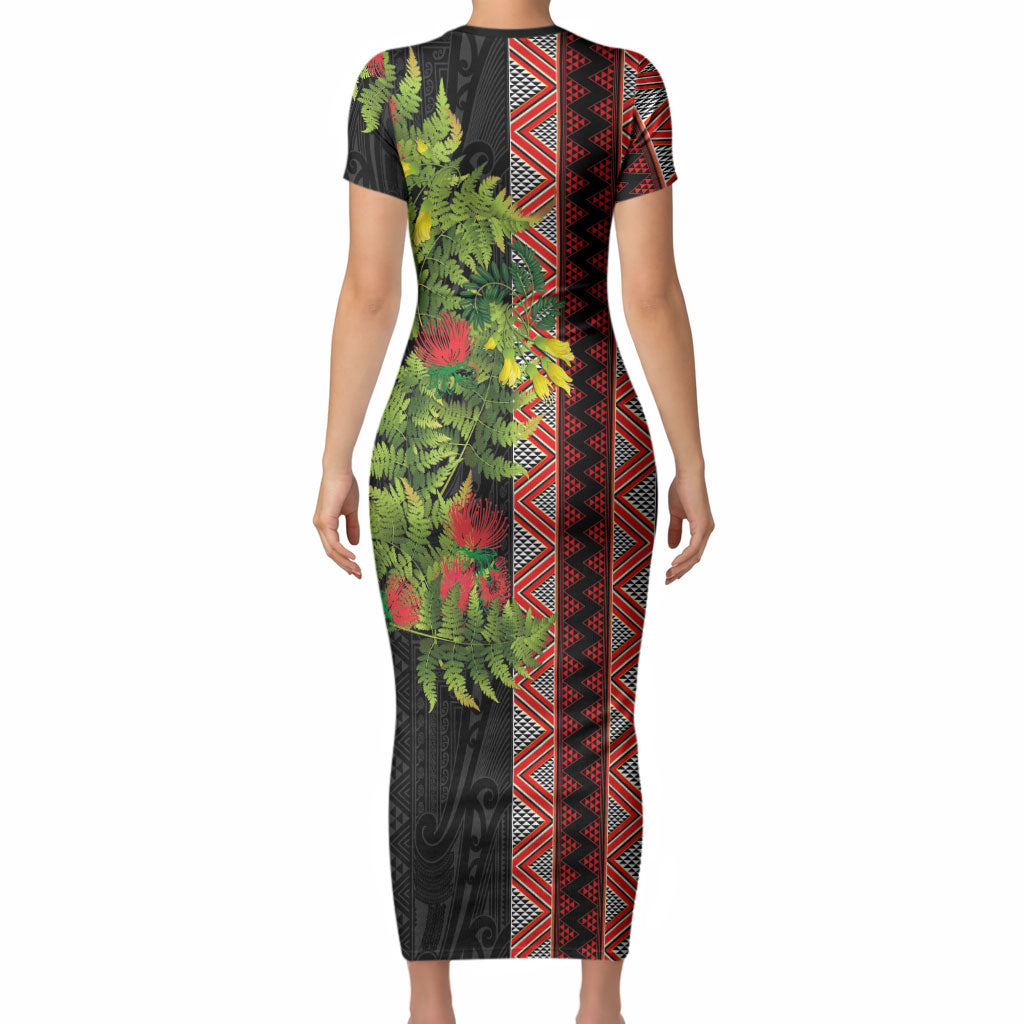 Maori Tukutuku Short Sleeve Bodycon Dress with Ferns Pohutukawa and Kowhai Tribal Moko Patterns