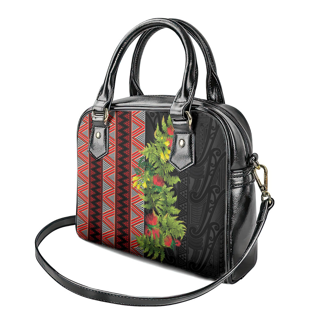 Maori Tukutuku Shoulder Handbag with Ferns Pohutukawa and Kowhai Tribal Moko Patterns
