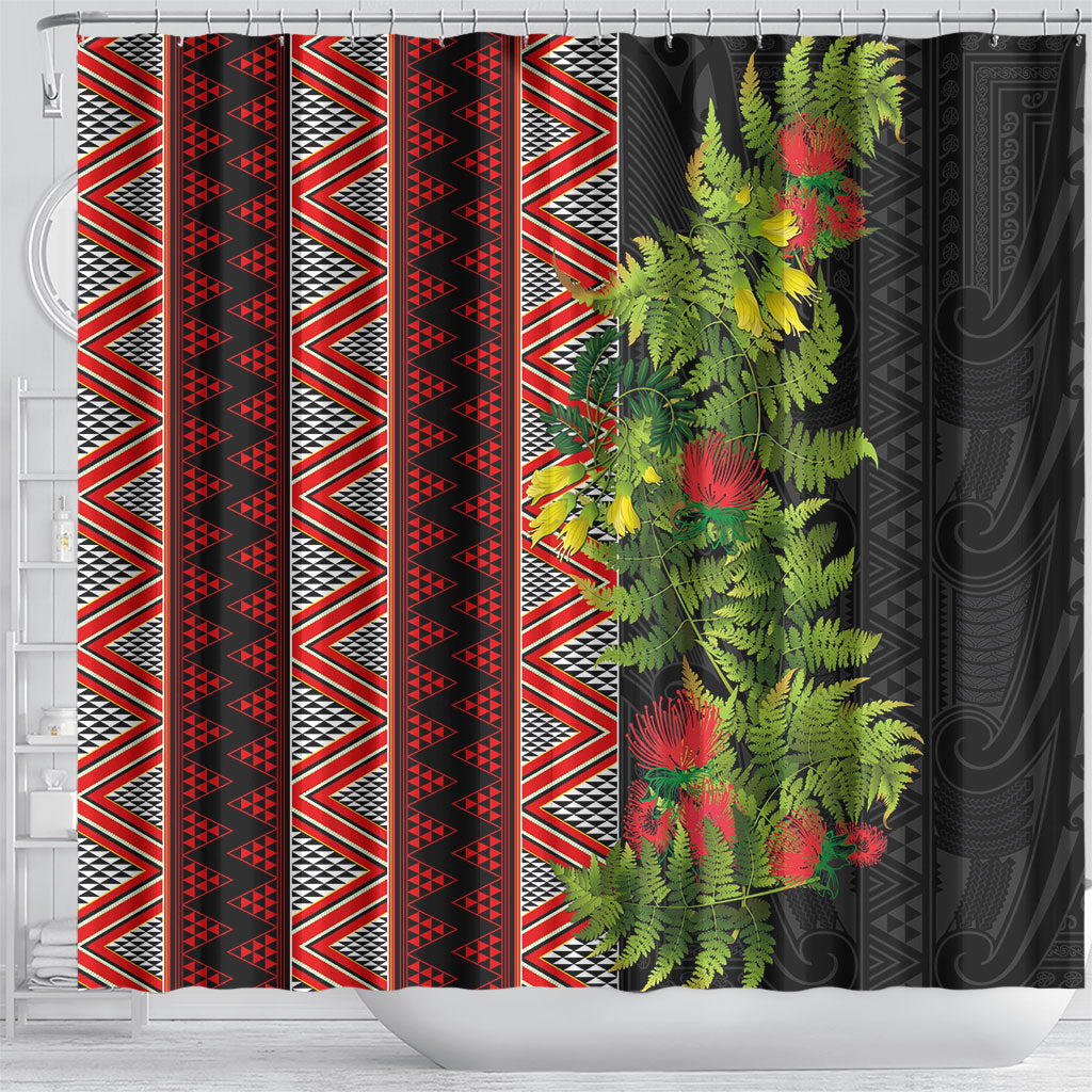 Maori Tukutuku Shower Curtain with Ferns Pohutukawa and Kowhai Tribal Moko Patterns