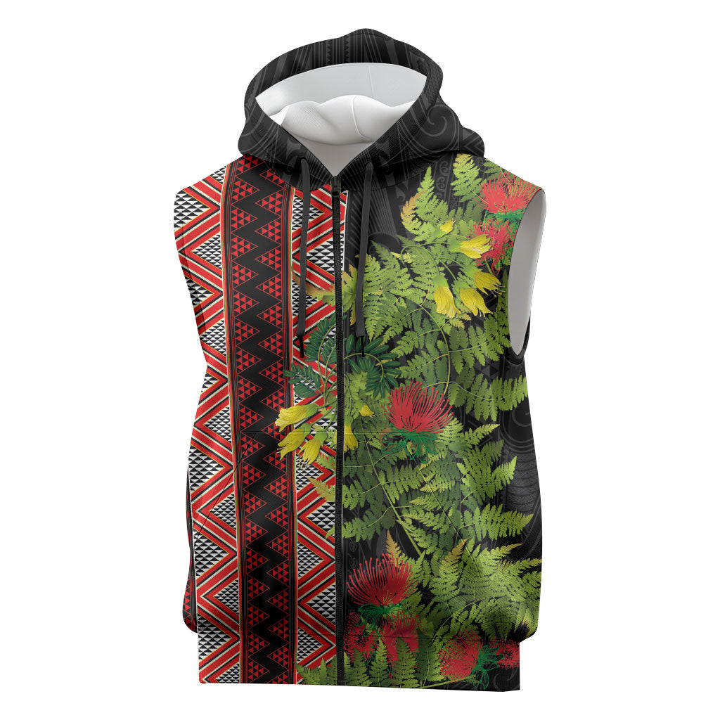 Maori Tukutuku Sleeveless Zip Hoodie with Ferns Pohutukawa and Kowhai Tribal Moko Patterns LT03 Multicolor - Polynesian Pride