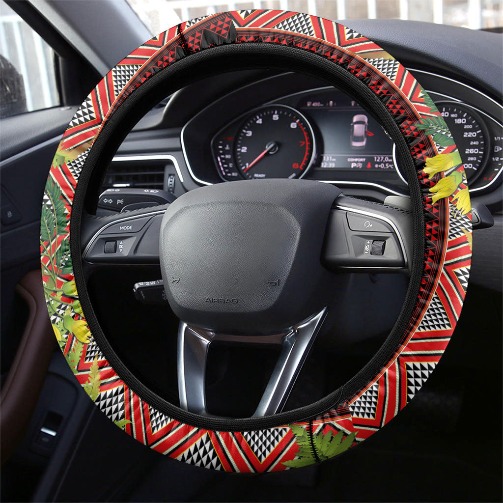 Maori Tukutuku Steering Wheel Cover with Ferns Pohutukawa and Kowhai Tribal Moko Patterns