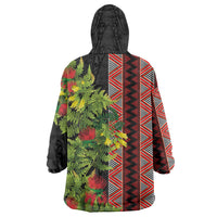 Maori Tukutuku Wearable Blanket Hoodie with Ferns Pohutukawa and Kowhai Tribal Moko Patterns