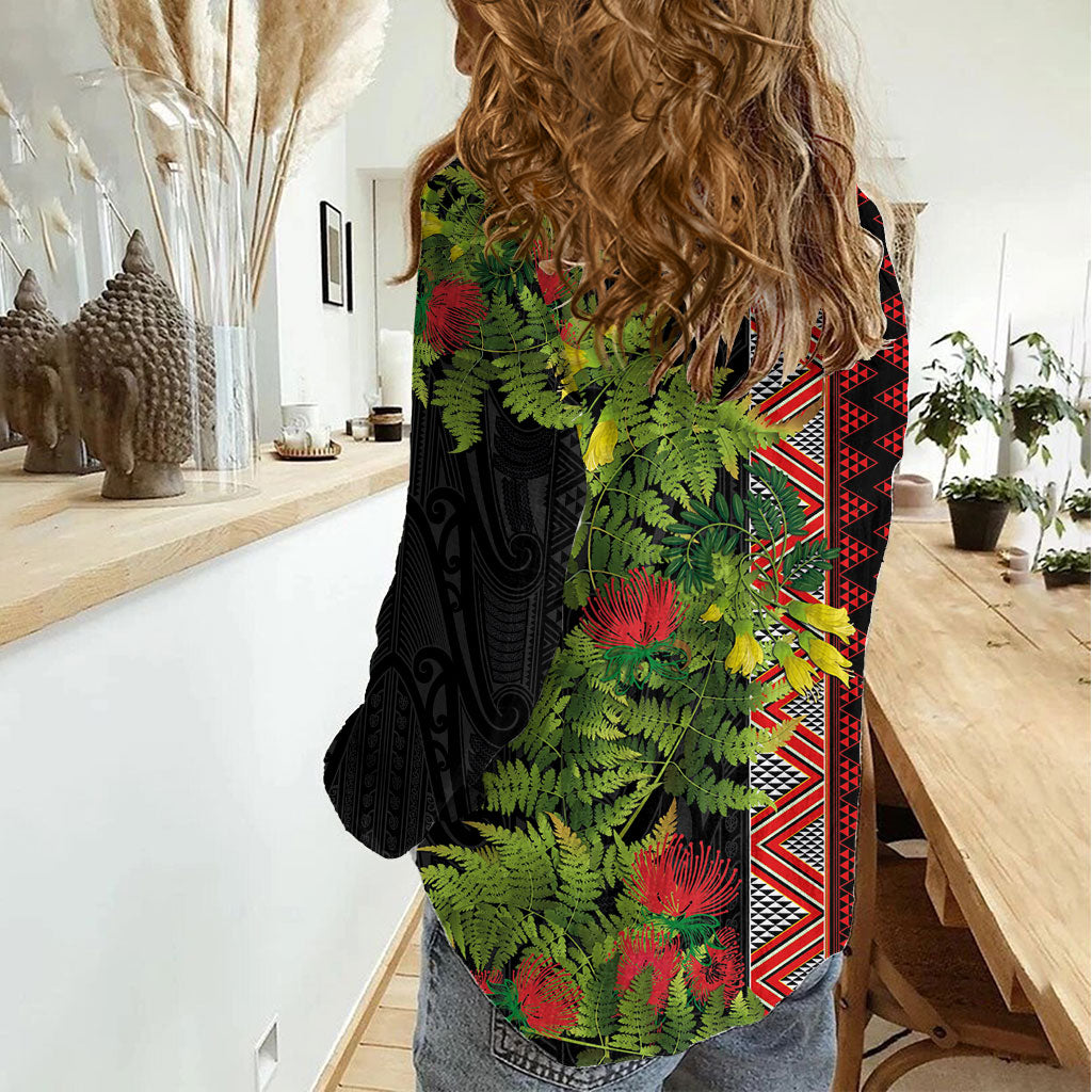 Maori Tukutuku Women Casual Shirt with Ferns Pohutukawa and Kowhai Tribal Moko Patterns