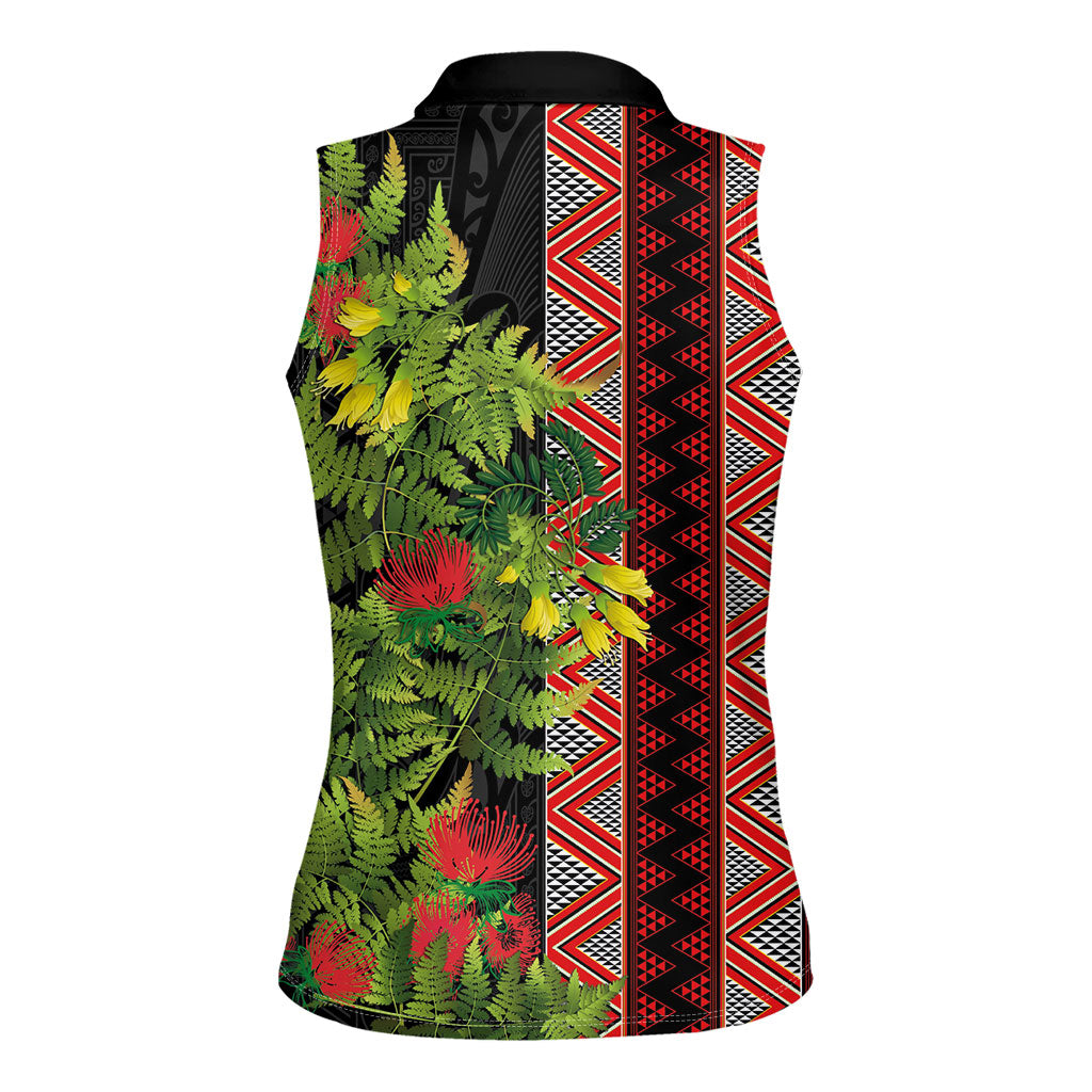 Maori Tukutuku Women Sleeveless Polo Shirt with Ferns Pohutukawa and Kowhai Tribal Moko Patterns