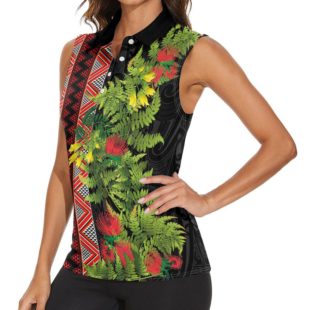 Maori Tukutuku Women Sleeveless Polo Shirt with Ferns Pohutukawa and Kowhai Tribal Moko Patterns
