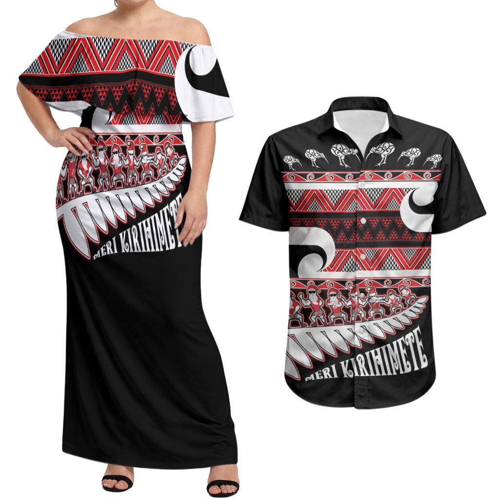 New Zealand Christmas Couples Matching Off Shoulder Maxi Dress and Hawaiian Shirt Funny Santa Claus Haka Dance with Tukutuku