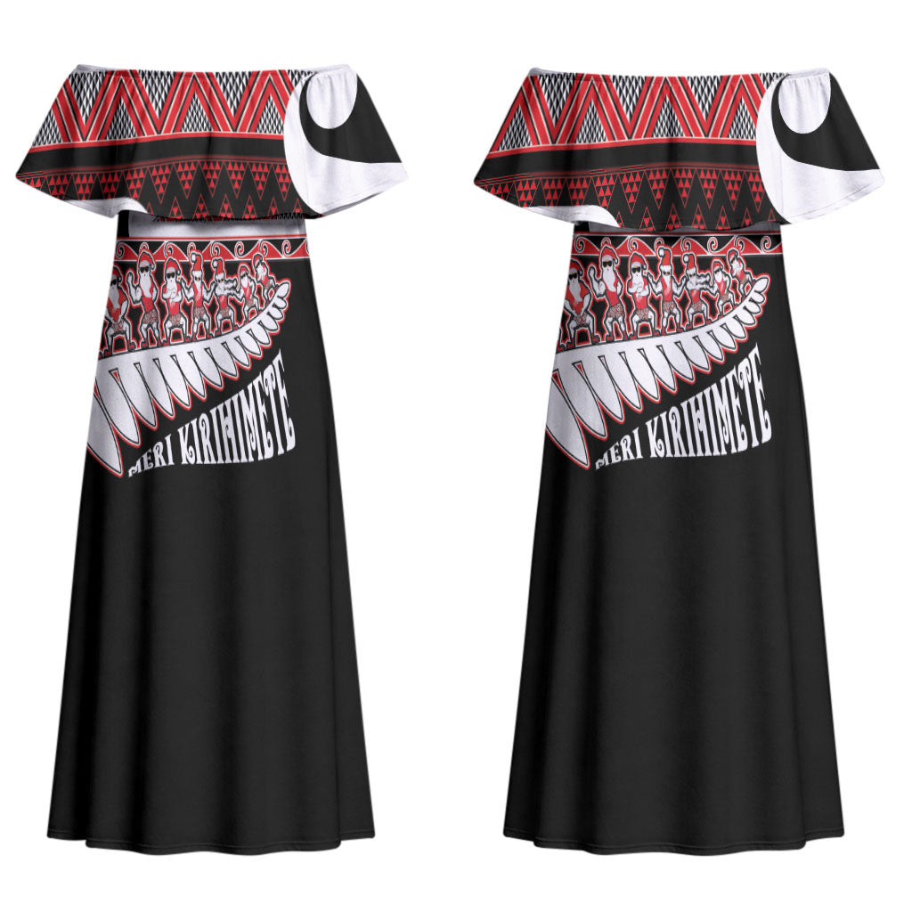 New Zealand Christmas Couples Matching Off Shoulder Maxi Dress and Long Sleeve Button Shirt Funny Santa Claus Haka Dance with Tukutuku