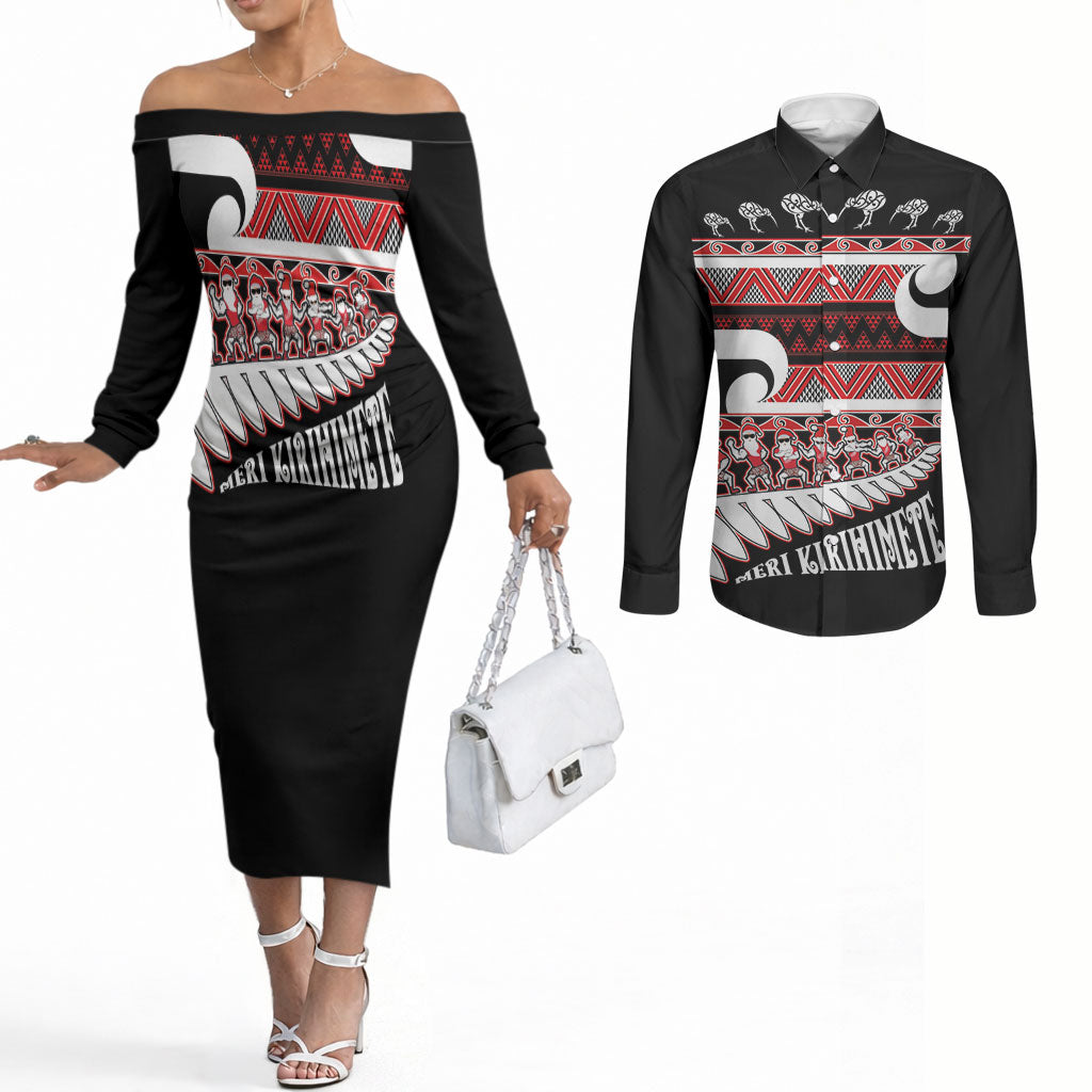 New Zealand Christmas Couples Matching Off The Shoulder Long Sleeve Dress and Long Sleeve Button Shirt Funny Santa Claus Haka Dance with Tukutuku