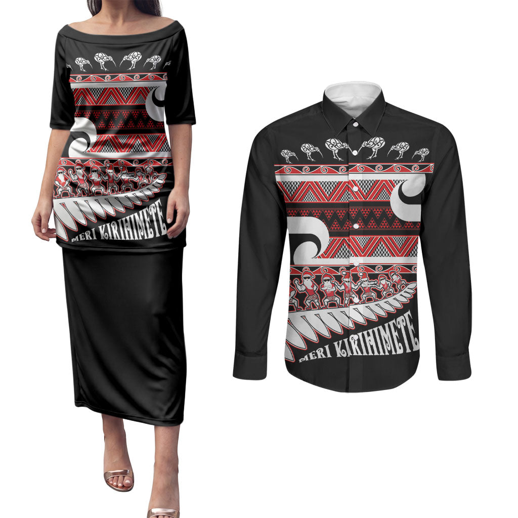New Zealand Christmas Couples Matching Puletasi and Long Sleeve Button Shirt Funny Santa Claus Haka Dance with Tukutuku