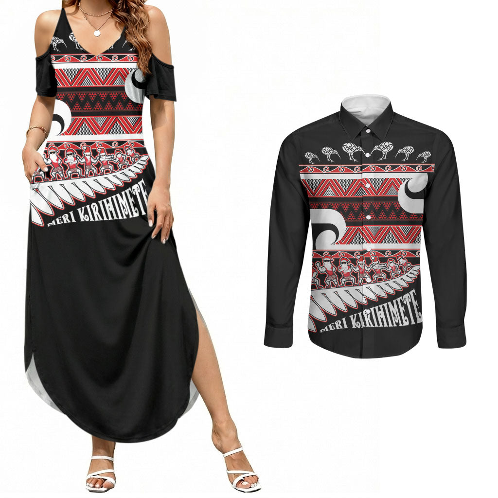 New Zealand Christmas Couples Matching Summer Maxi Dress and Long Sleeve Button Shirt Funny Santa Claus Haka Dance with Tukutuku