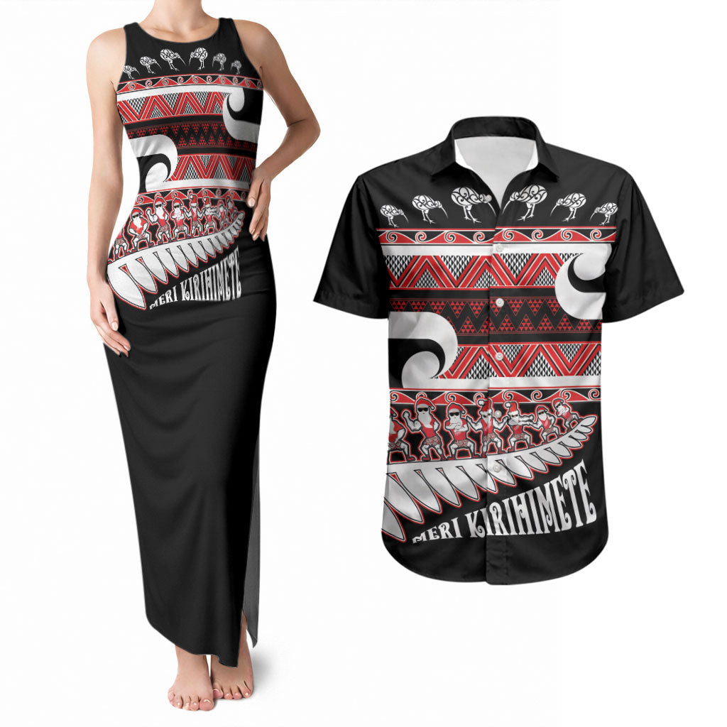 New Zealand Christmas Couples Matching Tank Maxi Dress and Hawaiian Shirt Funny Santa Claus Haka Dance with Tukutuku LT03 Multicolor - Polynesian Pride