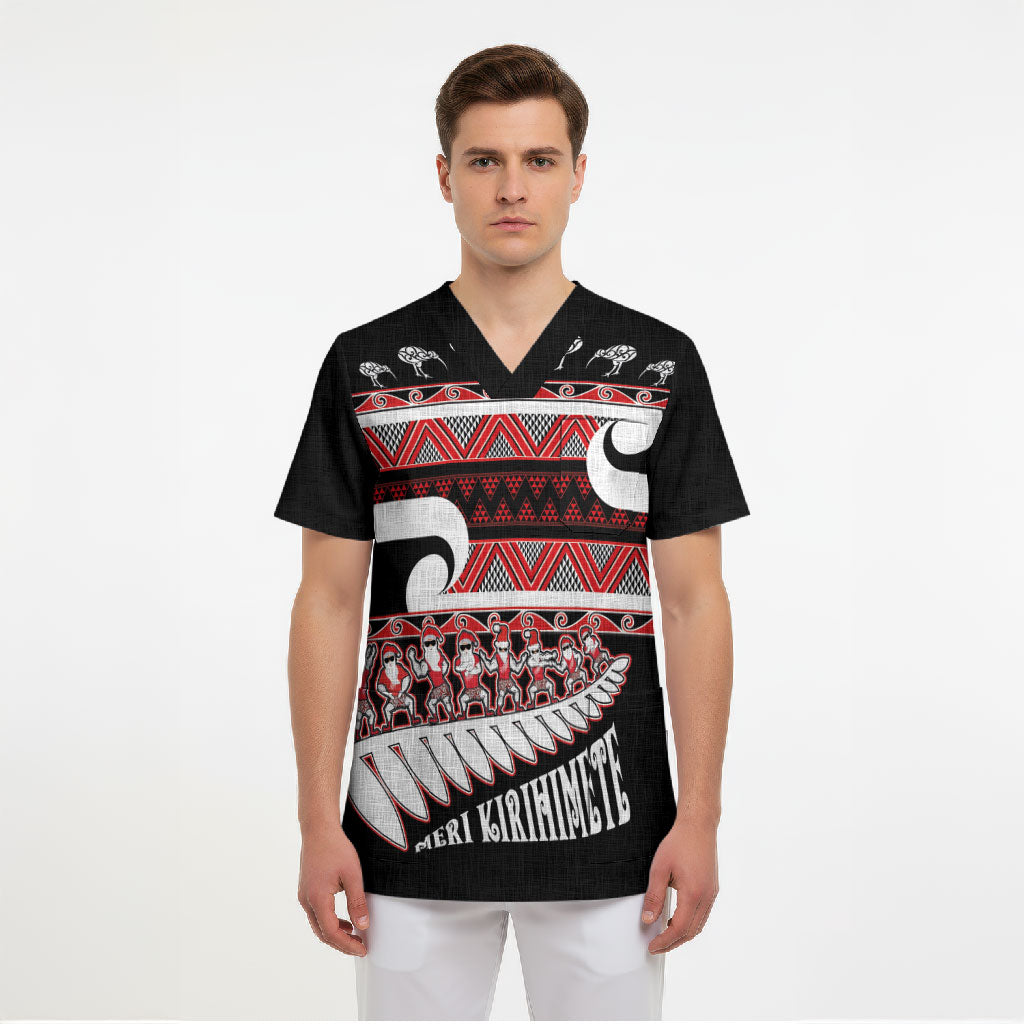 New Zealand Christmas Scrub Top Funny Santa Claus Haka Dance with Tukutuku