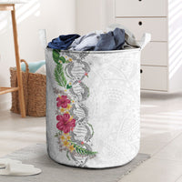 Hawaii DNA Kakau Tattoo Laundry Basket with Plumeria and Hibiscus Tropical Plants White Color
