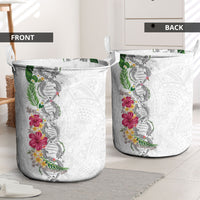 Hawaii DNA Kakau Tattoo Laundry Basket with Plumeria and Hibiscus Tropical Plants White Color