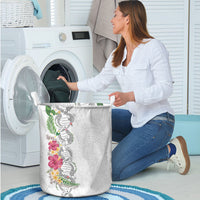 Hawaii DNA Kakau Tattoo Laundry Basket with Plumeria and Hibiscus Tropical Plants White Color