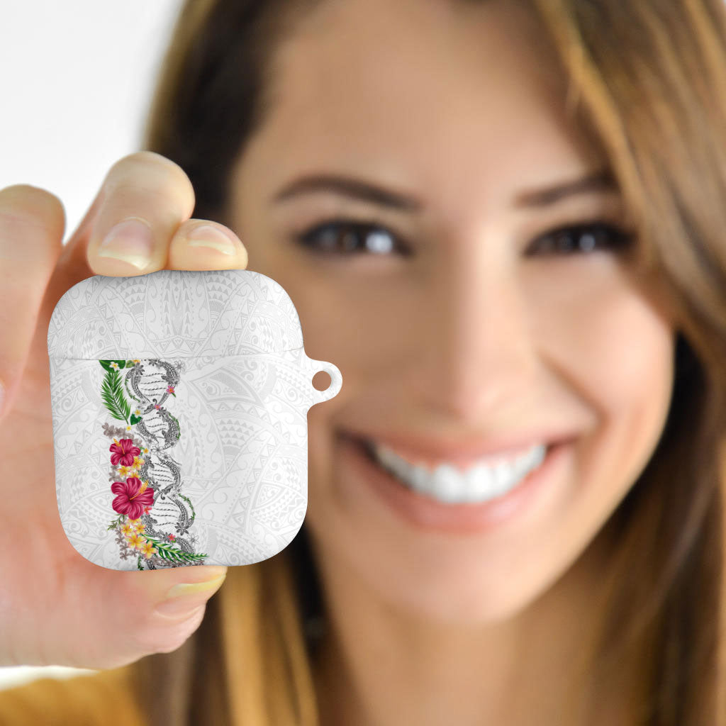 Hawaii DNA Kakau Tattoo AirPods Case with Plumeria and Hibiscus Tropical Plants White Color