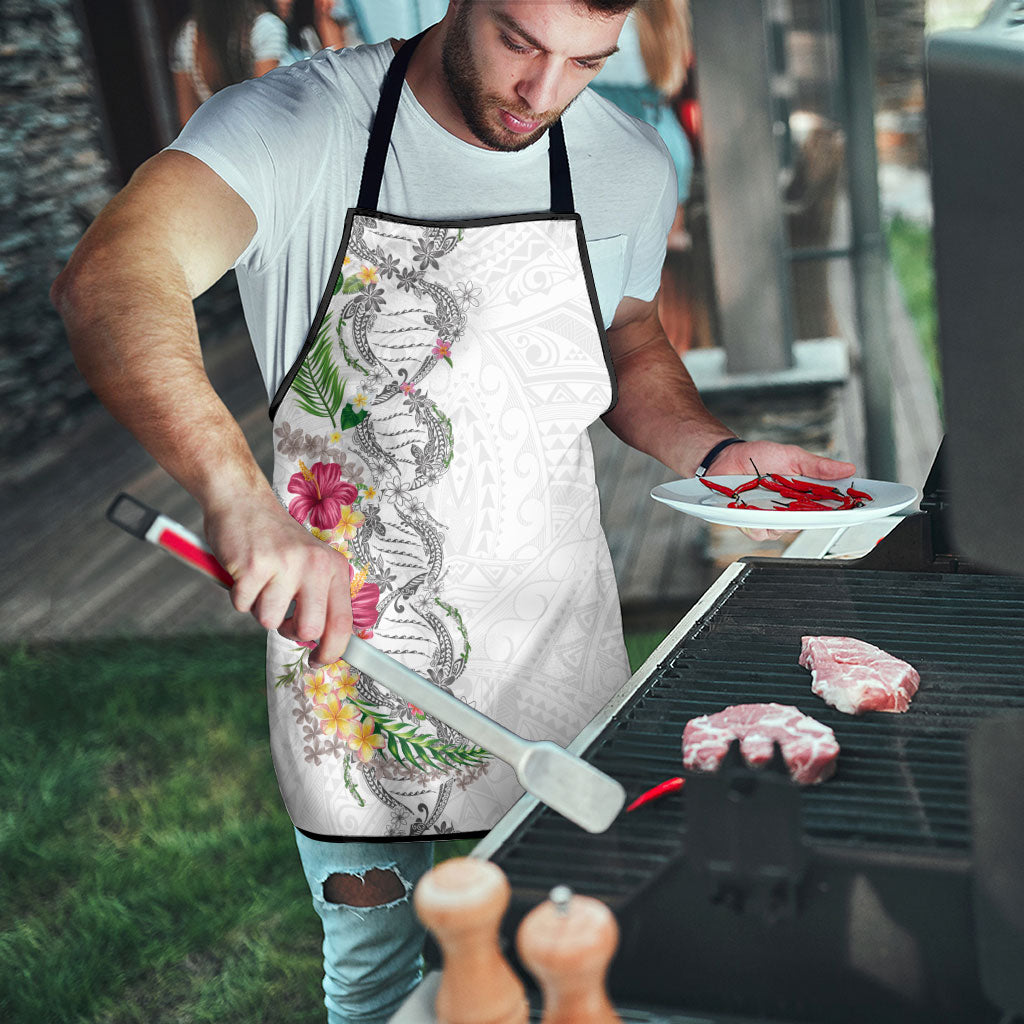 Hawaii DNA Kakau Tattoo Apron with Plumeria and Hibiscus Tropical Plants White Color