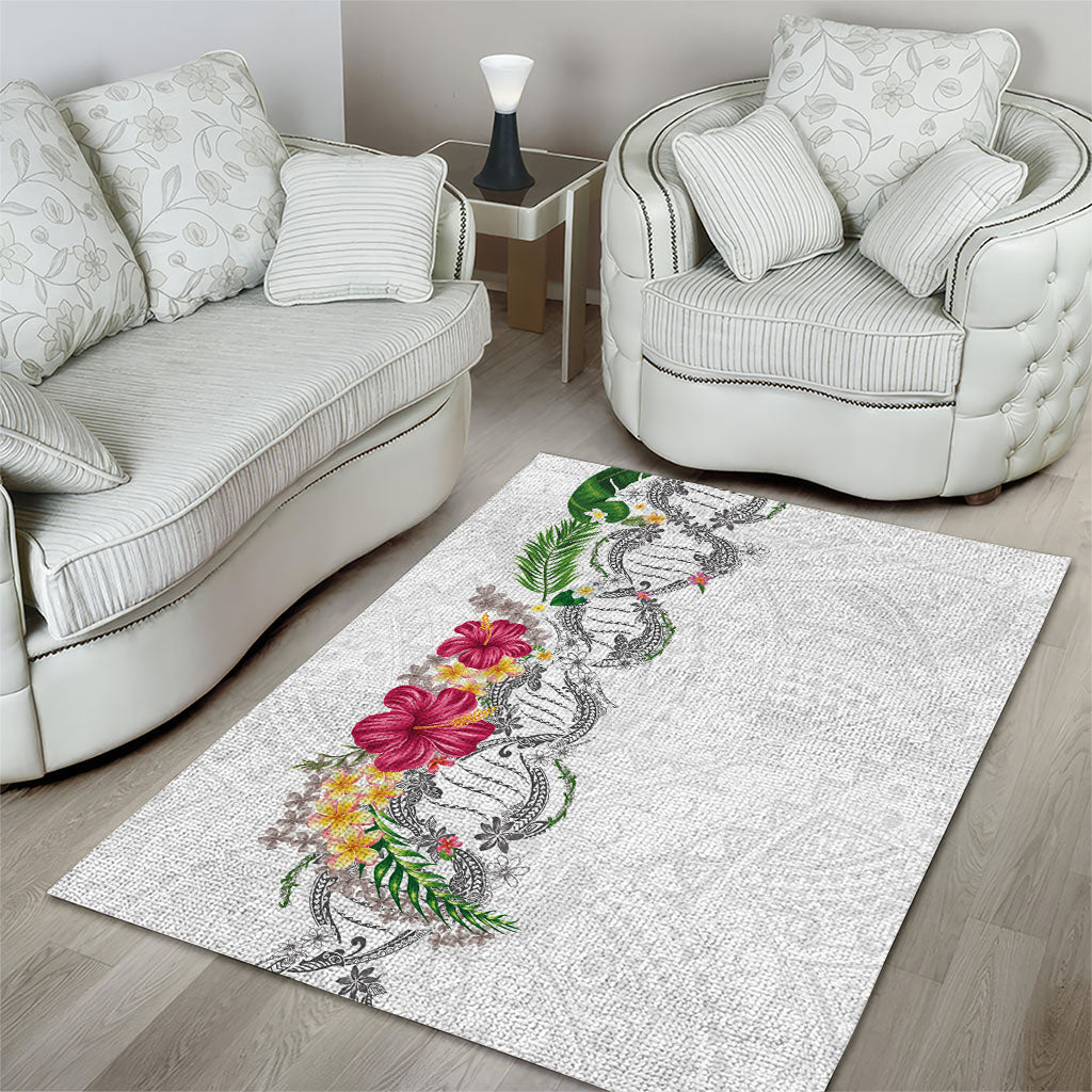 Hawaii DNA Kakau Tattoo Area Rug with Plumeria and Hibiscus Tropical Plants White Color