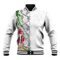 Hawaii DNA Kakau Tattoo Baseball Jacket with Plumeria and Hibiscus Tropical Plants White Color
