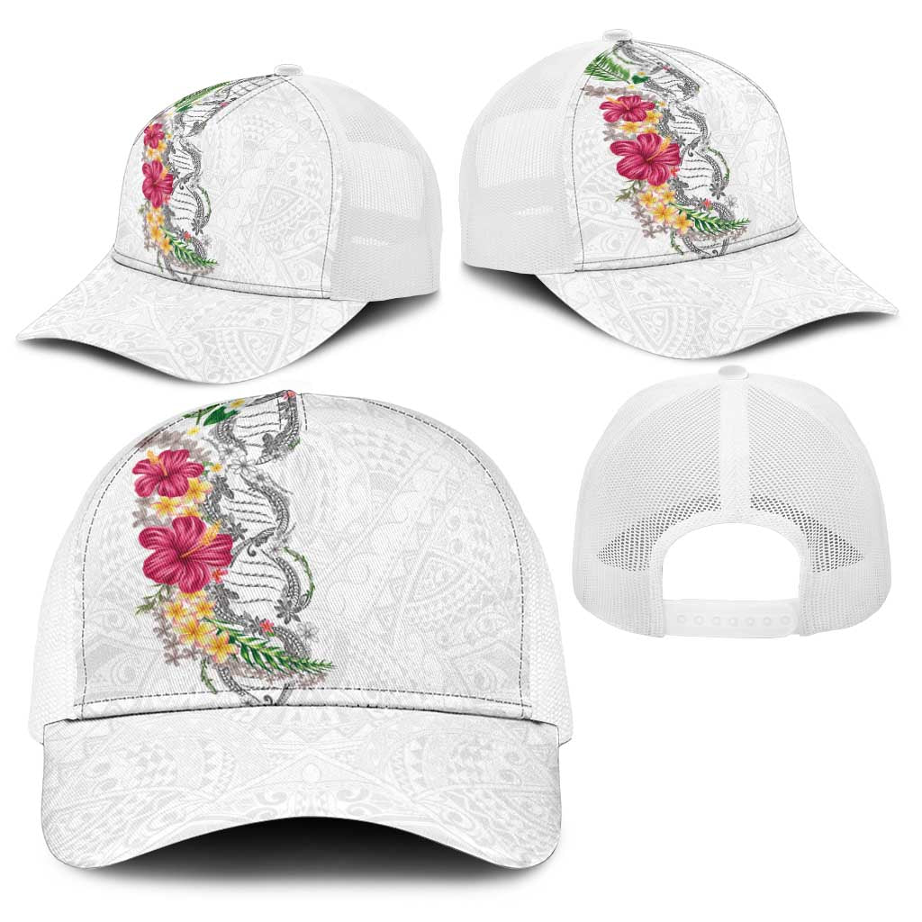 Hawaii DNA Kakau Tattoo Baseball Net Cap with Plumeria and Hibiscus Tropical Plants White Color