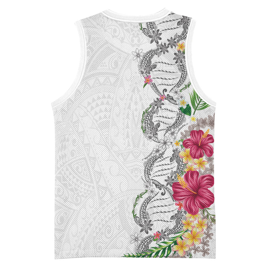 Hawaii DNA Kakau Tattoo Basketball Jersey with Plumeria and Hibiscus Tropical Plants White Color