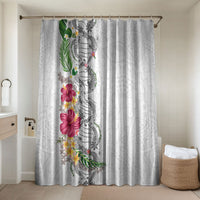 Hawaii DNA Kakau Tattoo Bathroom Set with Plumeria and Hibiscus Tropical Plants White Color