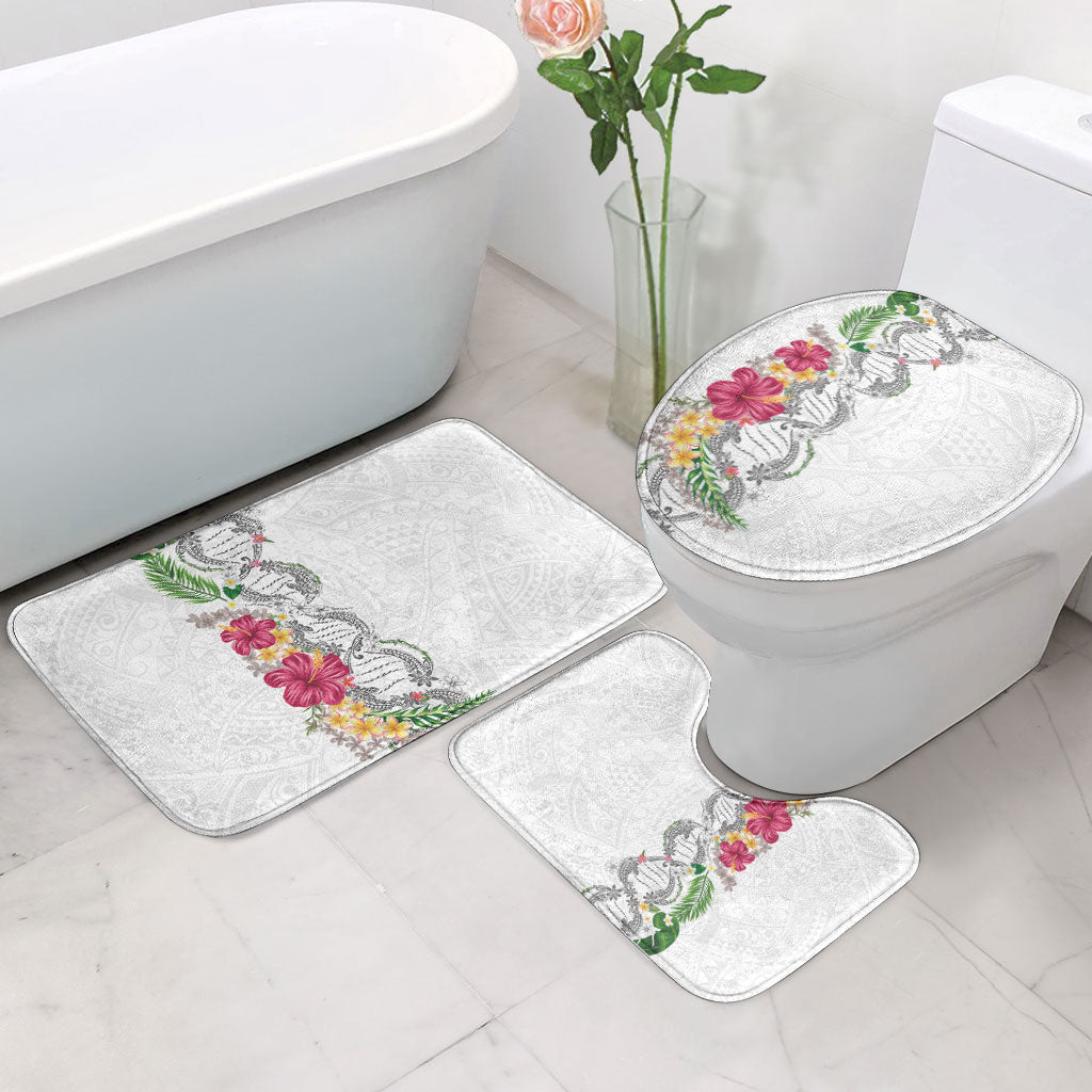 Hawaii DNA Kakau Tattoo Bathroom Set with Plumeria and Hibiscus Tropical Plants White Color