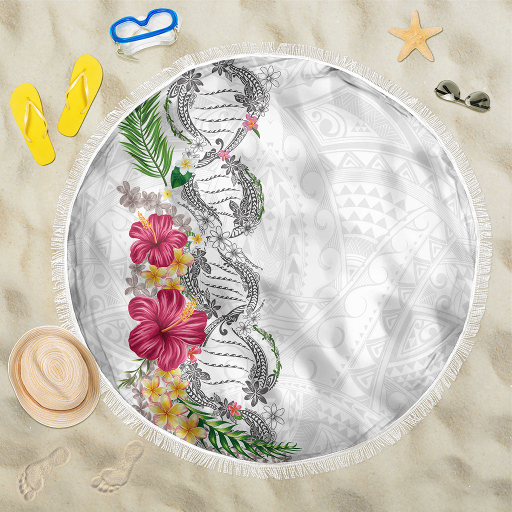 Hawaii DNA Kakau Tattoo Beach Blanket with Plumeria and Hibiscus Tropical Plants White Color