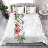 Hawaii DNA Kakau Tattoo Bedding Set with Plumeria and Hibiscus Tropical Plants White Color