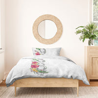 Hawaii DNA Kakau Tattoo Bedding Set with Plumeria and Hibiscus Tropical Plants White Color