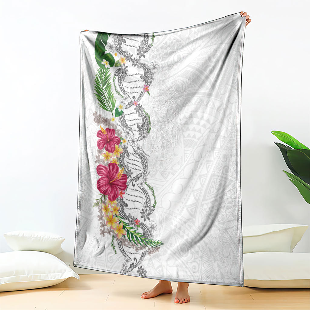 Hawaii DNA Kakau Tattoo Blanket with Plumeria and Hibiscus Tropical Plants White Color