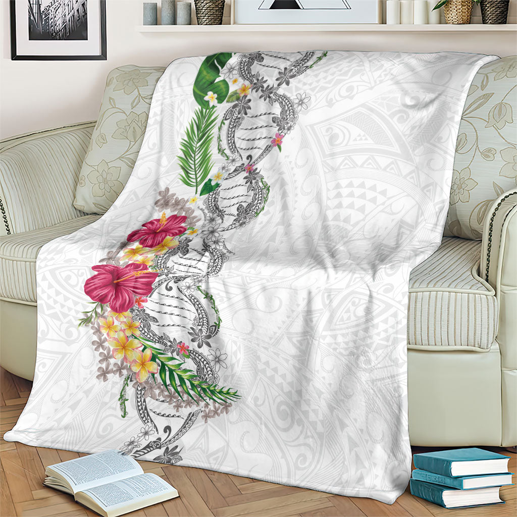 Hawaii DNA Kakau Tattoo Blanket with Plumeria and Hibiscus Tropical Plants White Color
