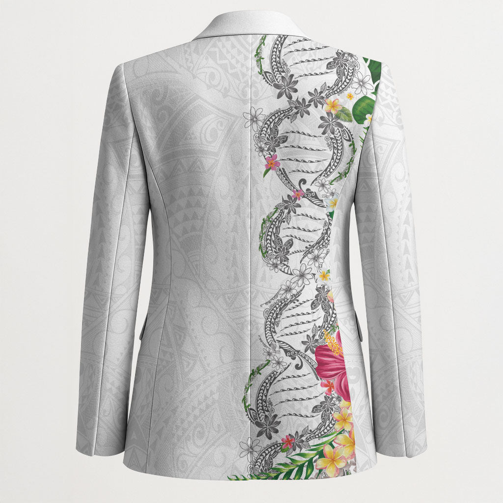 Hawaii DNA Kakau Tattoo Blazer with Plumeria and Hibiscus Tropical Plants White Color